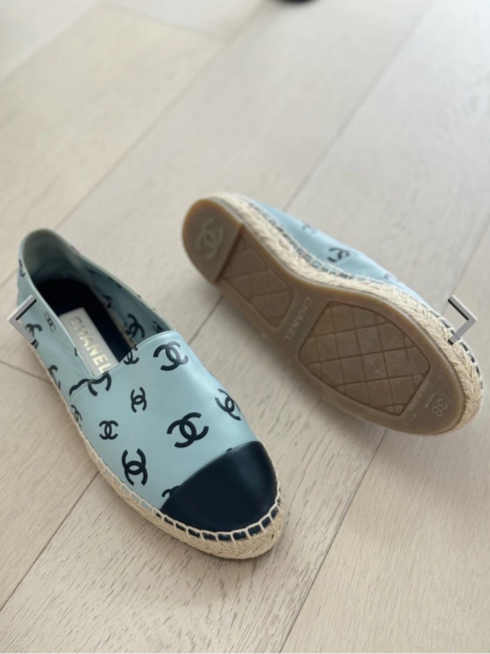 CHANEL Light Blue Logo Espadrille Flats with Black Cap Toe - Picture 3 of 3